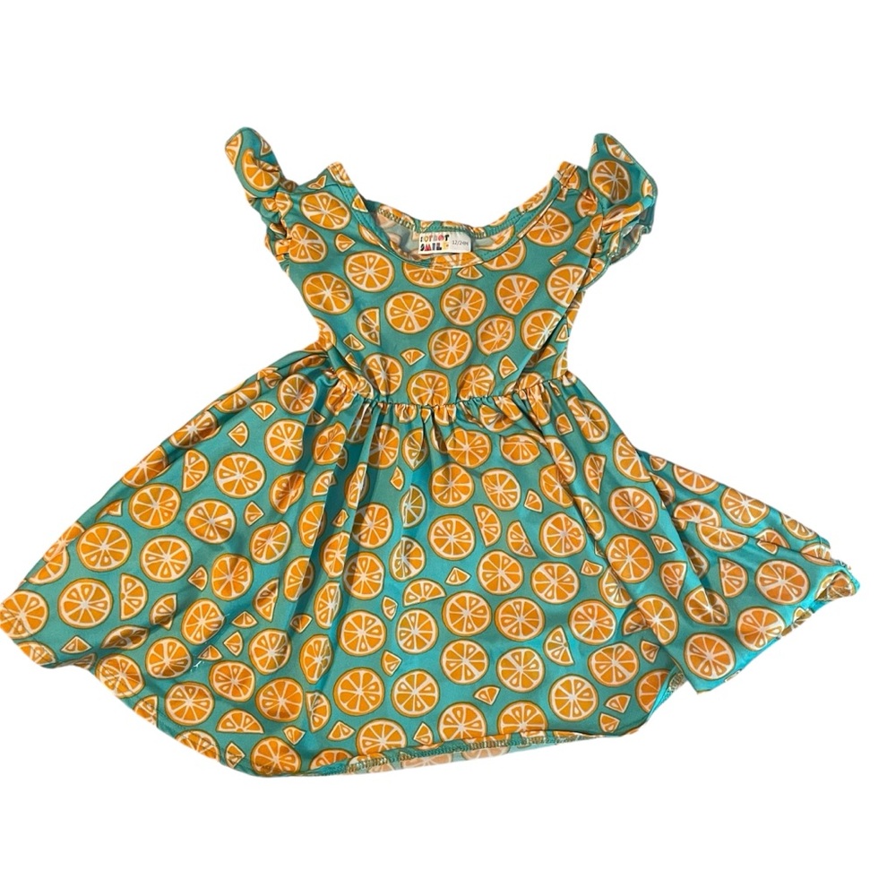 Dot Dot Smile twirl dress teal with orange fruit print girls size 12-24 months